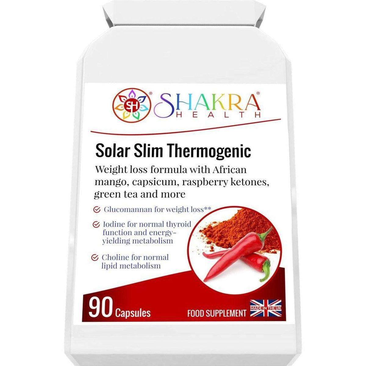 White bottle of Shakra Health Solar Slim capsules with a red chili pepper graphic and supplement information label.