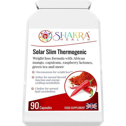 White bottle of Shakra Health Solar Slim capsules with a red chili pepper graphic and supplement information label.