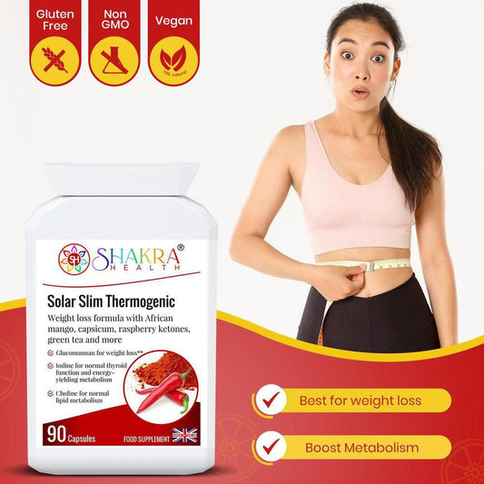 White bottle of Shakra Health Solar Slim capsules with red chili and supplement facts next to a woman measuring waist.