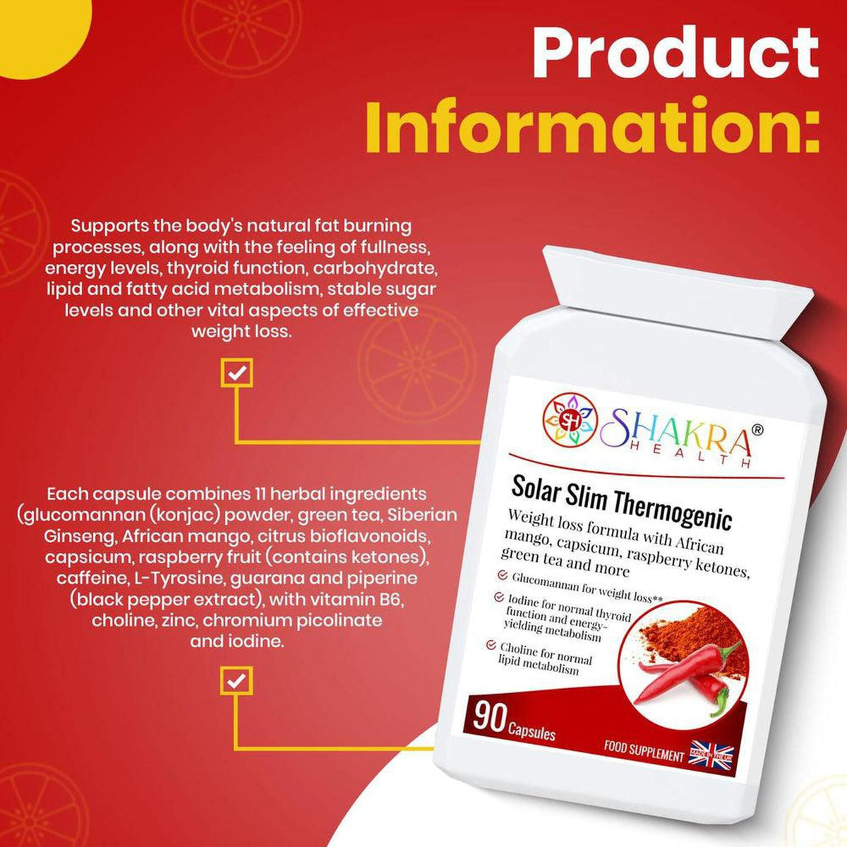 White bottle of Solar Slim Thermogenic capsules with red label, ingredient list, and red chili pepper graphic.