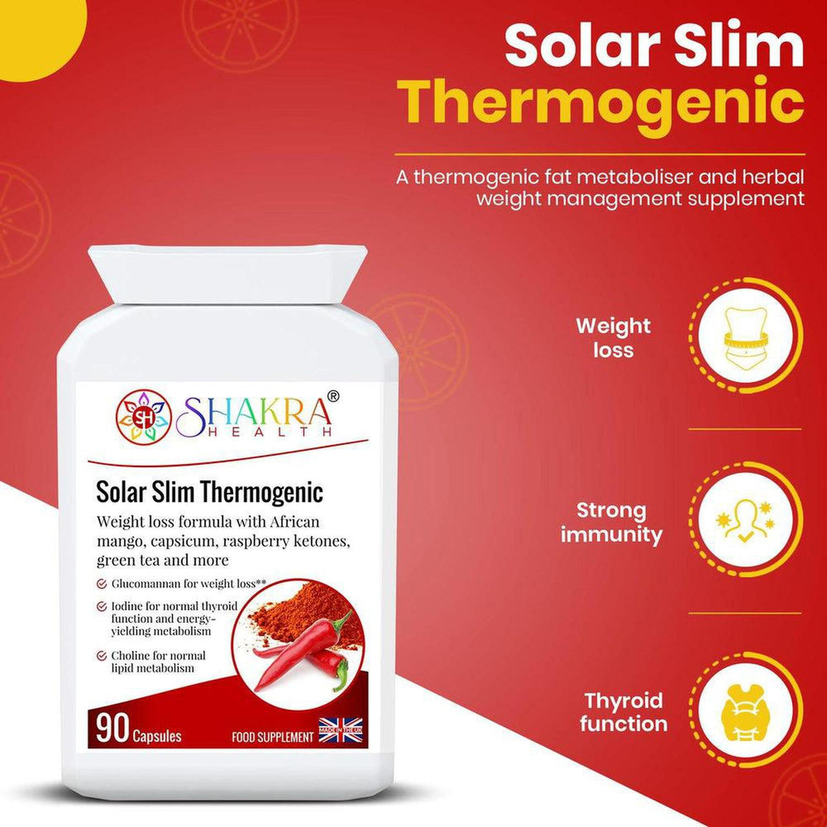White bottle of Solar Slim Thermogenic 90 capsules with red label featuring chili peppers on a red background.