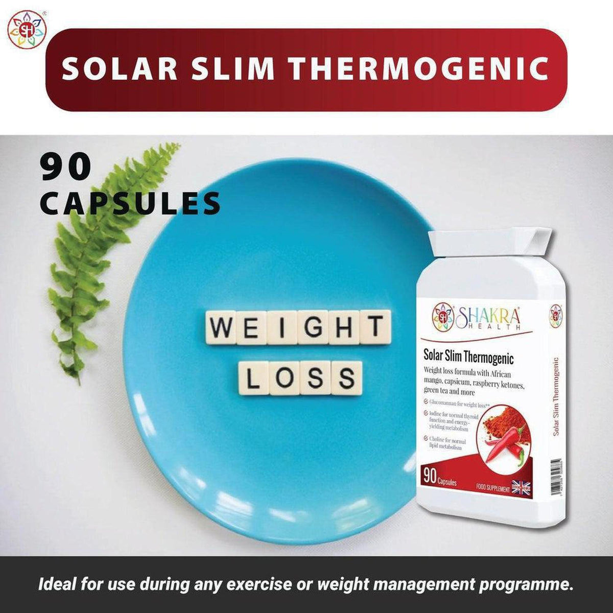White bottle of Solar Slim Thermogenic capsules next to a blue plate with the words Weight Loss spelled in letter tiles.