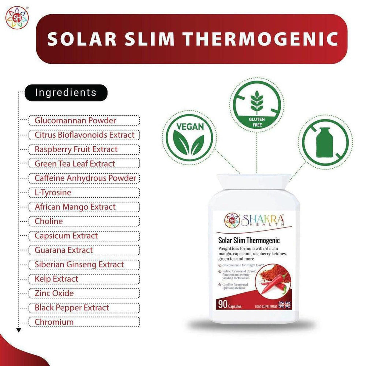 Solar Slim Thermogenic supplement bottle with a list of ingredients, vegan and gluten-free icons on a white background.