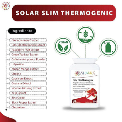 Solar Slim Thermogenic supplement bottle with a list of ingredients, vegan and gluten-free icons on a white background.