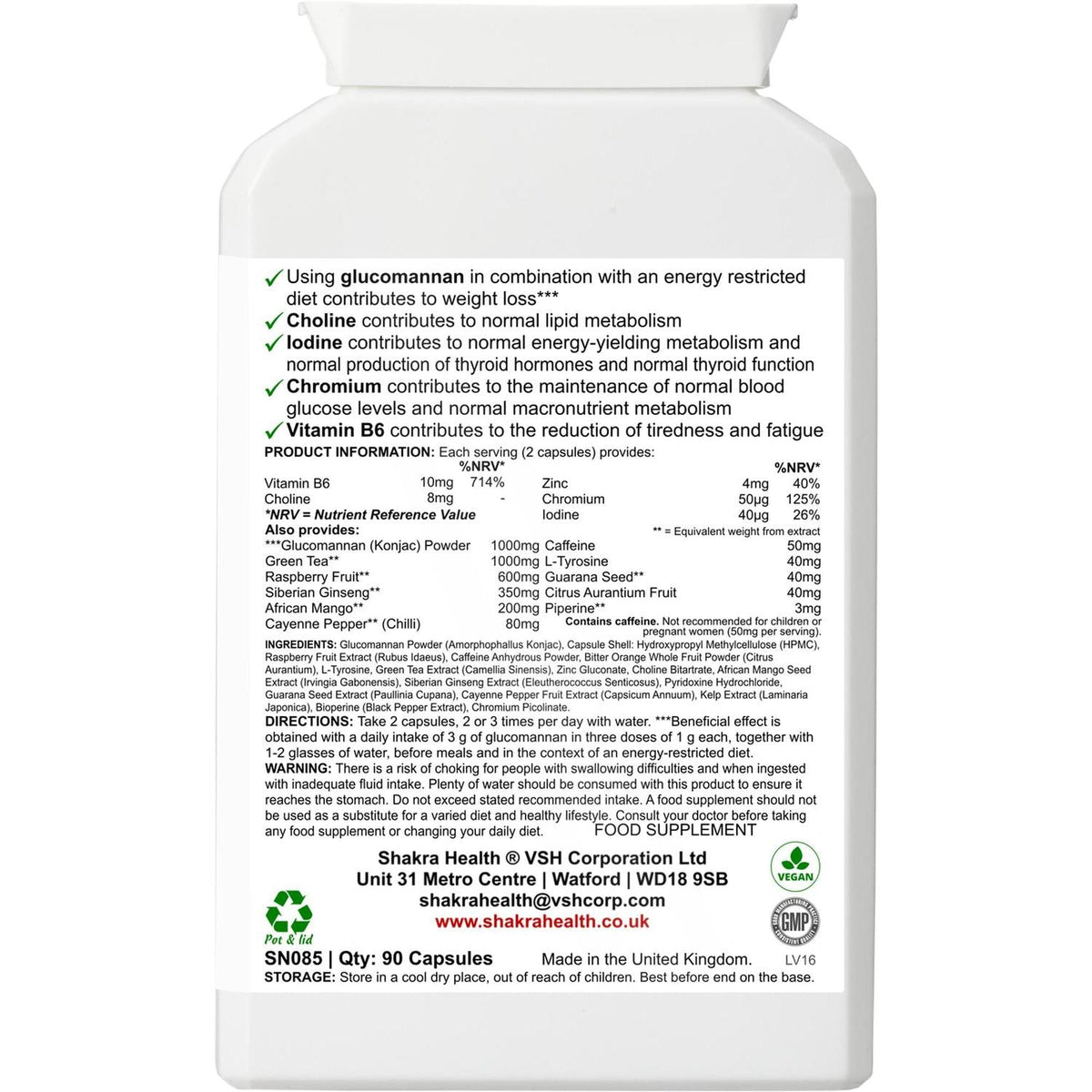 White plastic supplement bottle label showing ingredients, nutritional information, and usage directions for fat metaboliser.