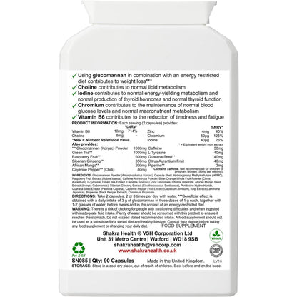 White plastic supplement bottle label showing ingredients, nutritional information, and usage directions for fat metaboliser.
