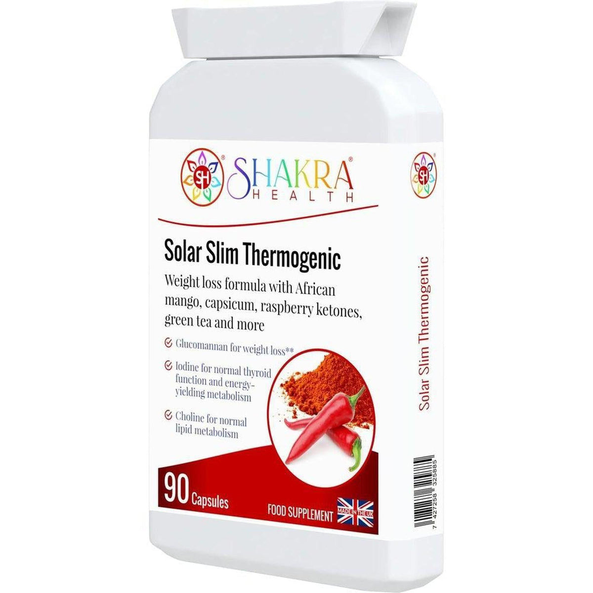 White bottle of Shakra Health Solar Slim Thermogenic capsules with a red chili and powder graphic on the label.