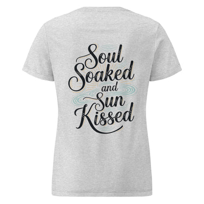 Light gray semi-fitted cotton t-shirt featuring a back graphic with Soul Soaked and Sun Kissed text in black script.