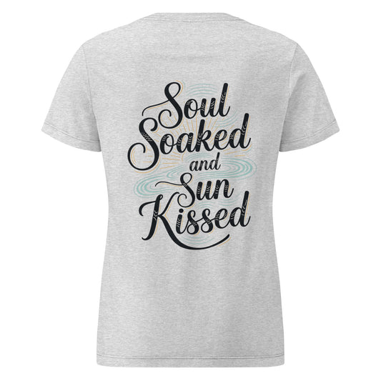 Light gray semi-fitted cotton t-shirt featuring a back graphic with Soul Soaked and Sun Kissed text in black script.
