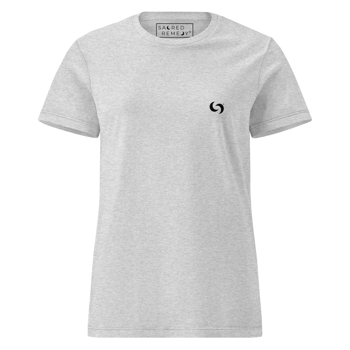 Light grey semi-fitted cotton t-shirt with a small black logo on the chest and Sacred Remedy branding on the inner neck.
