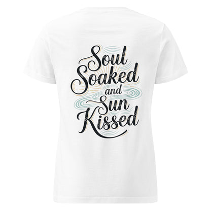 White semi-fitted cotton t-shirt featuring a Soul Soaked and Sun Kissed black and teal graphic on the back.