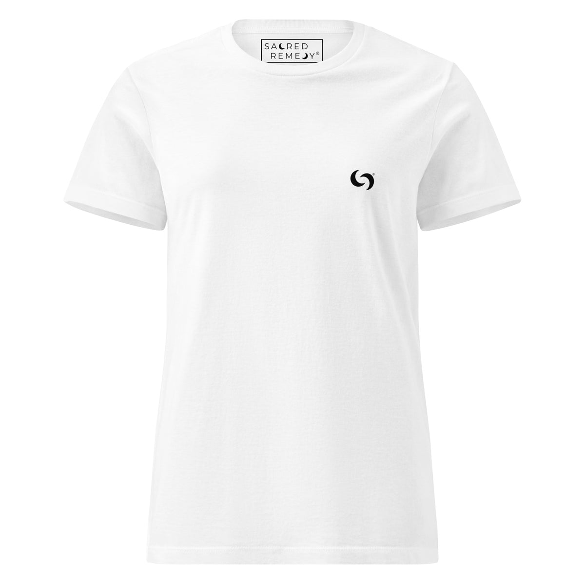 White semi-fitted cotton t-shirt with a small black logo on the chest and Sacred Remedy branding on the inner neck.