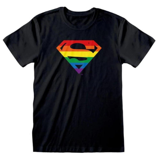 Black crew-neck t-shirt featuring a rainbow-colored Superman-style shield logo on the chest.