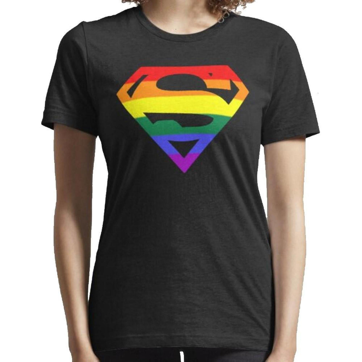 Black crew-neck t-shirt featuring a vibrant rainbow-colored superhero-style shield logo on the chest.