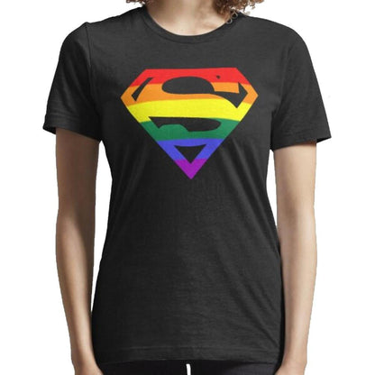 Black crew-neck t-shirt featuring a vibrant rainbow-colored superhero-style shield logo on the chest.