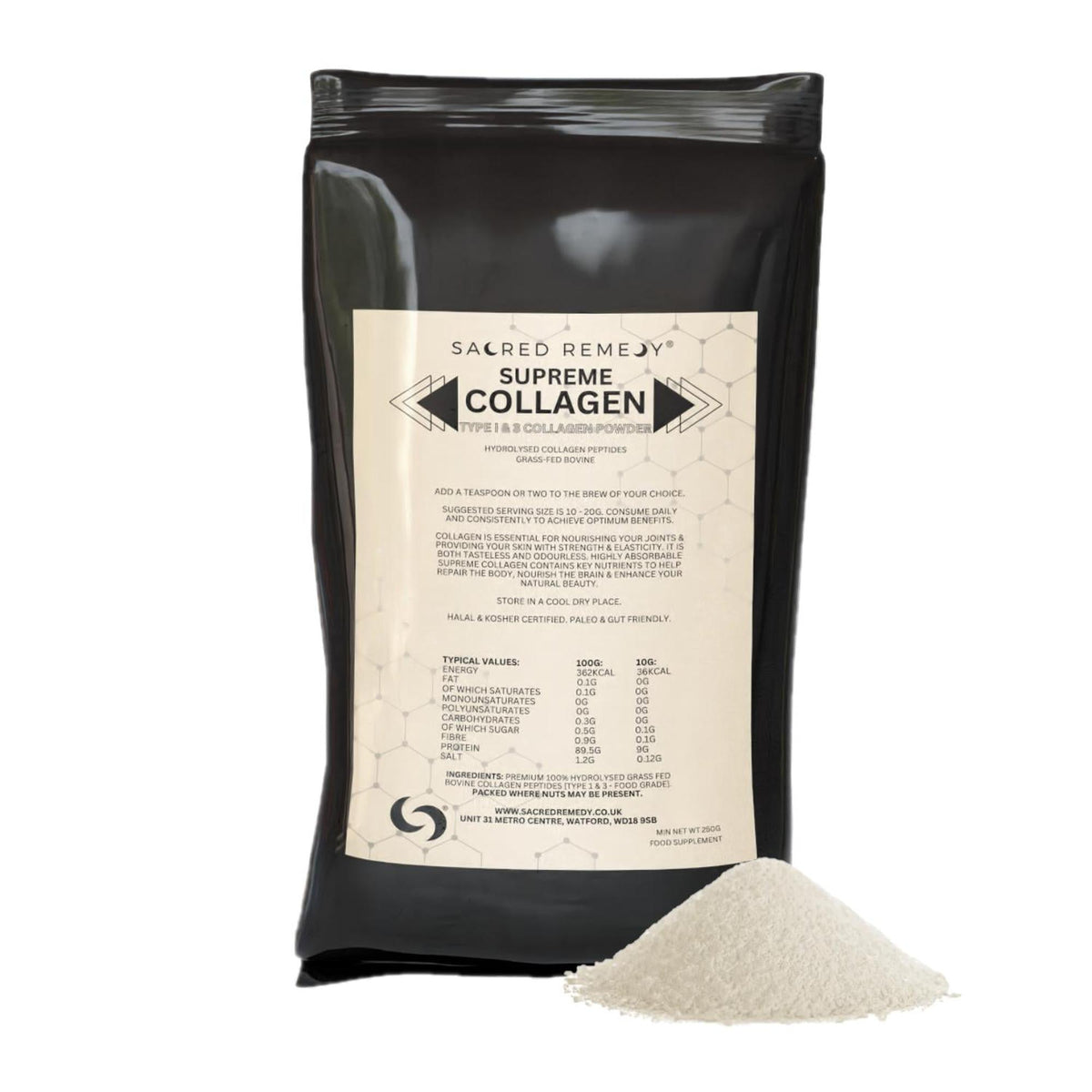 Black 250g pouch of Supreme Collagen Type 1 & 3 powder with a beige label and a pile of white collagen powder in front.