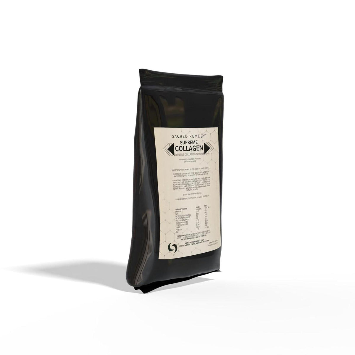 Black 250g pouch of Supreme Collagen Type 1 & 3 powder with a white label featuring nutritional information and branding.