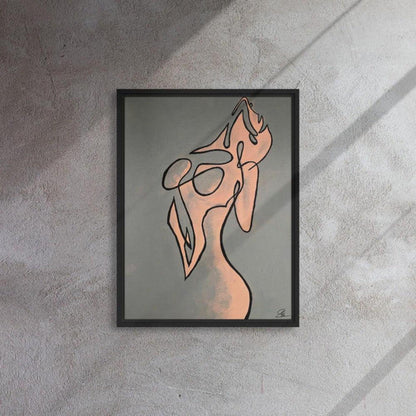 Contemporary line art painting of a feminine torso in black, peach, and sage tones, framed in black on a concrete wall.
