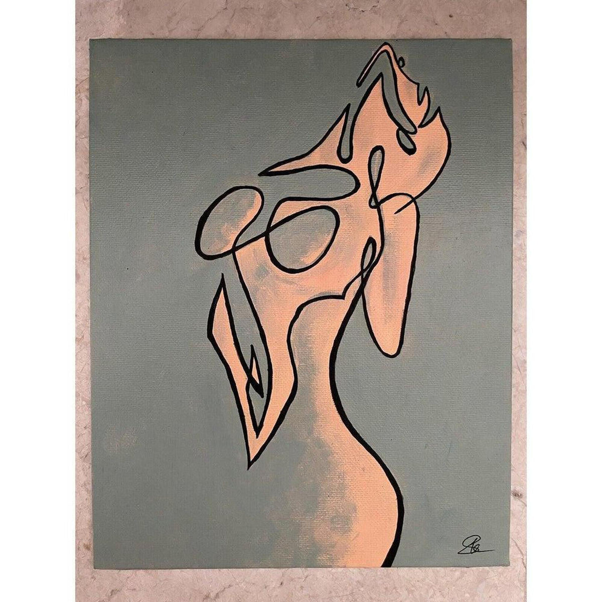 Contemporary line art painting of a feminine torso in black on a sage green and neutral acrylic canvas.