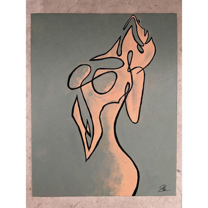 Contemporary line art painting of a feminine torso in black on a sage green and neutral acrylic canvas.