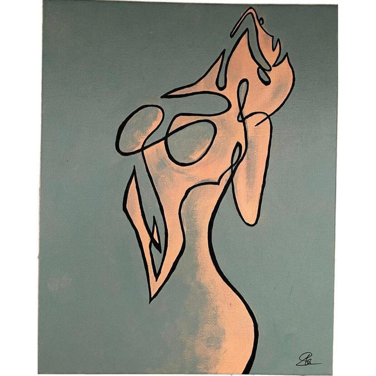 Contemporary line art painting of a feminine torso in peach tones on a sage green canvas with raised black outlines.