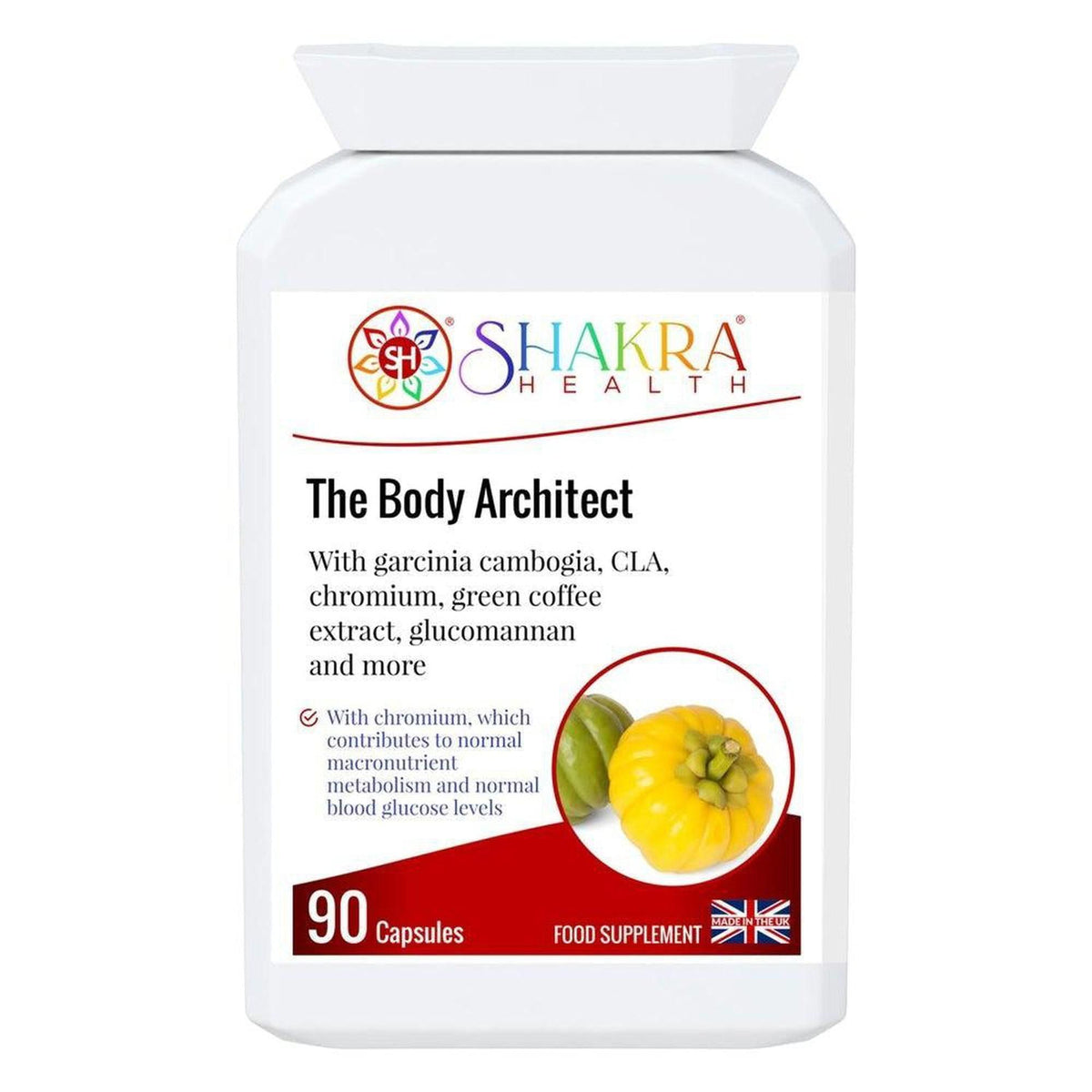 White bottle of The Body Architect supplement with a label featuring Shakra Health branding and a yellow Garcinia Cambogia fruit.