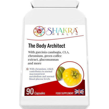 White bottle of The Body Architect supplement with a label featuring Garcinia Cambogia fruit and 90 capsule count.