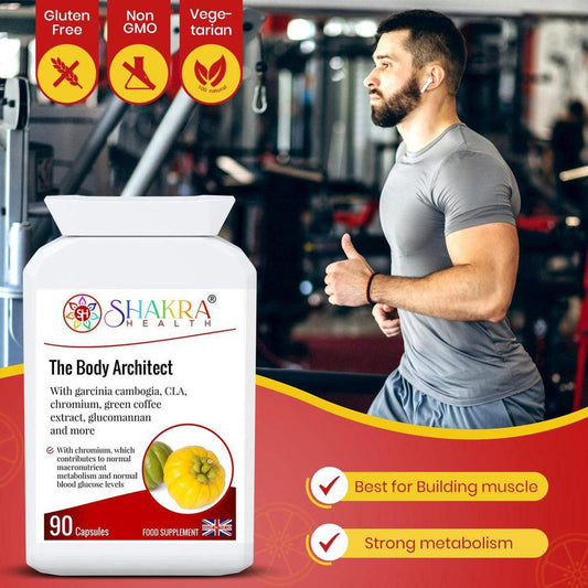 White bottle of The Body Architect capsules with a Garcinia Cambogia image, set against a gym background with a man exercising.
