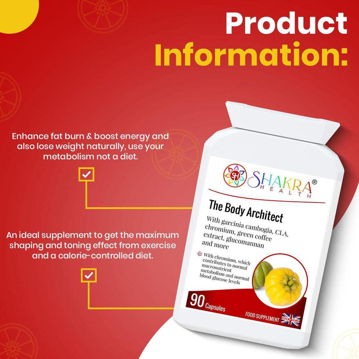 White bottle of The Body Architect supplement with 90 capsules, featuring a red background and informative text overlays.