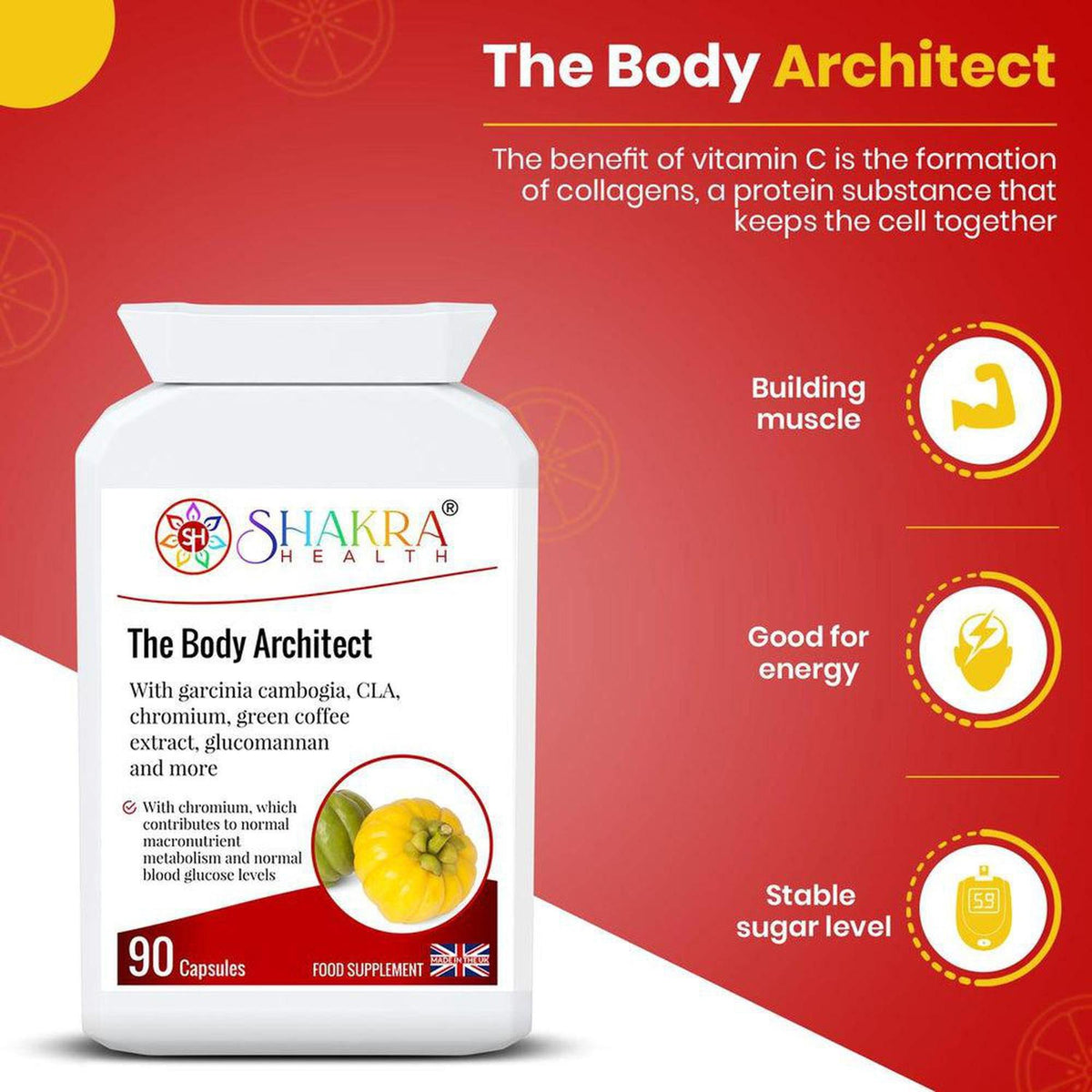 White bottle of The Body Architect supplement with red and yellow branding, featuring ingredient details and 90 capsules.