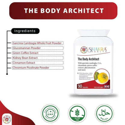 White bottle of The Body Architect supplement with ingredient list, 90 capsules, GMP, gluten-free, and halal certification icons.