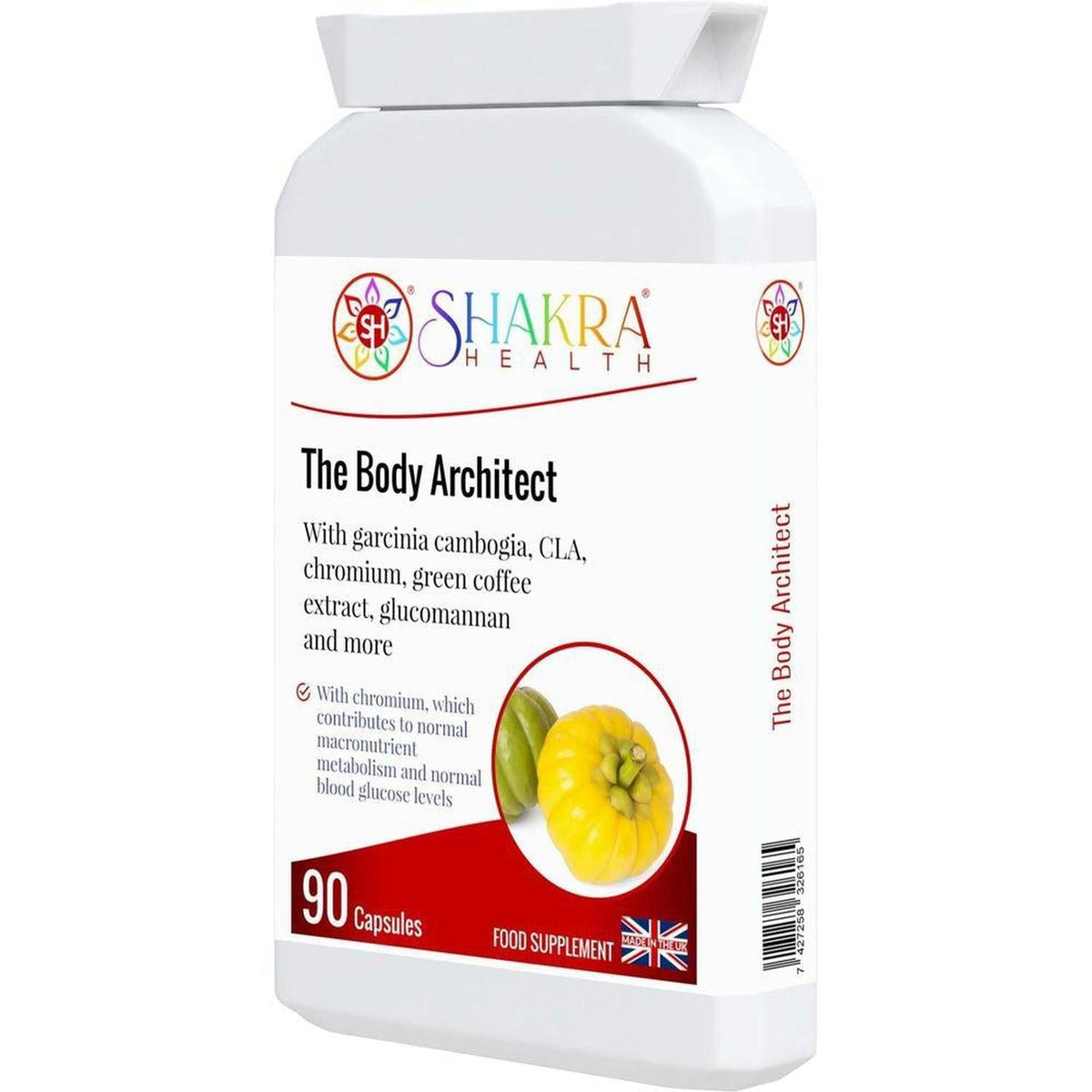 White plastic bottle of The Body Architect supplement with a label featuring a yellow Garcinia Cambogia fruit image.