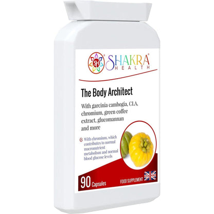 White plastic bottle of The Body Architect supplement with a label featuring a yellow Garcinia Cambogia fruit and 90 capsules.