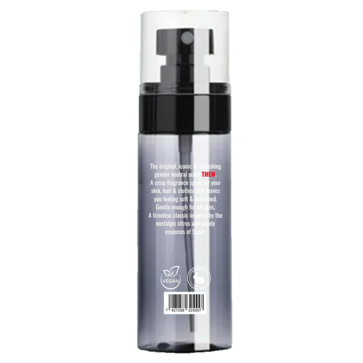Clear spray bottle of THEM Agua de Colonia with black pump, white text, and vegan and cruelty-free icons on a gray base.