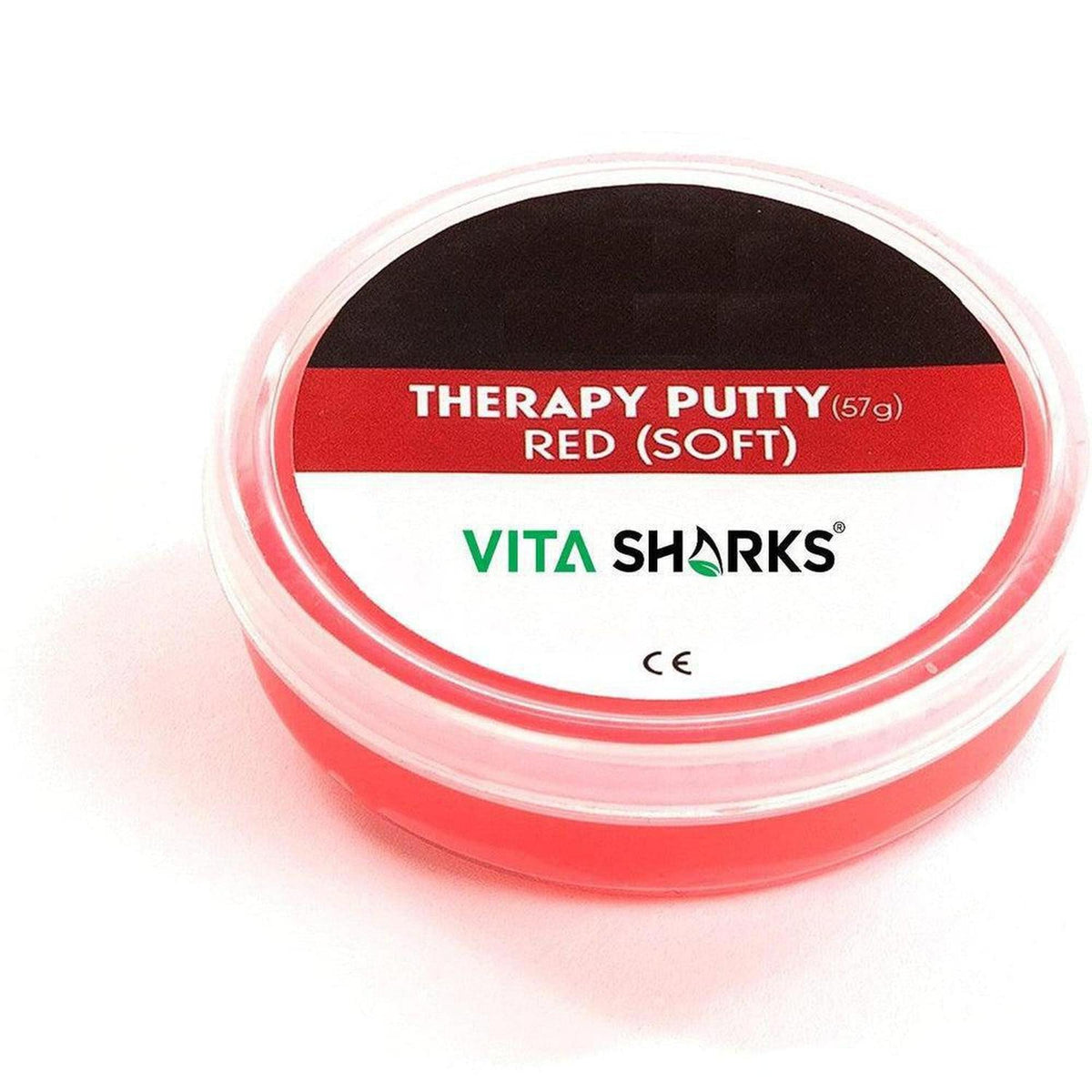Red soft therapy putty in a 57g clear plastic container with a Vita Sharks branded label on a white background.