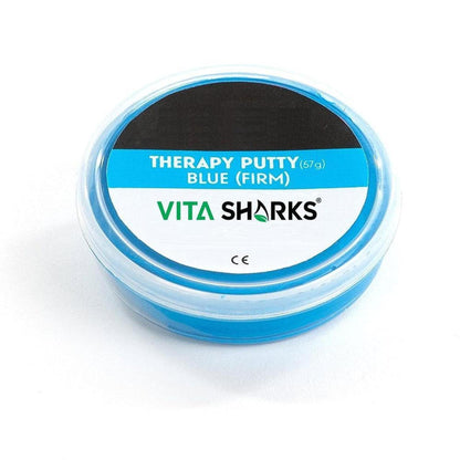 Blue firm therapy putty in a 57g clear plastic container with Vita Sharks branding on a white background.