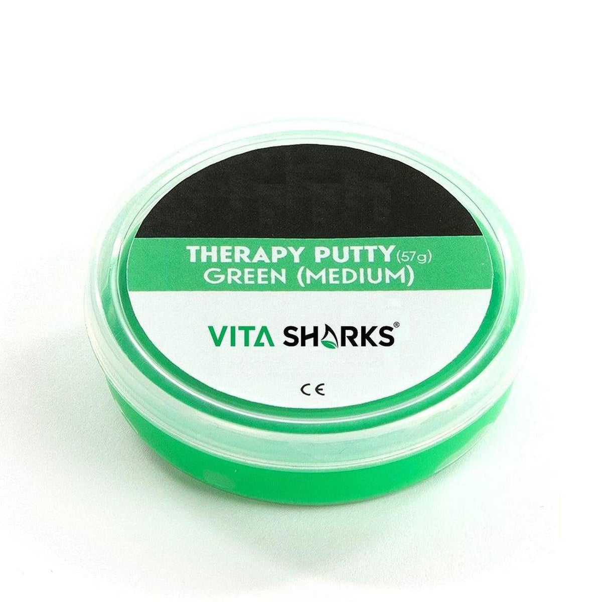 Green medium-resistance therapy putty in a 57g round plastic container with a Vita Sharks label on a white background.