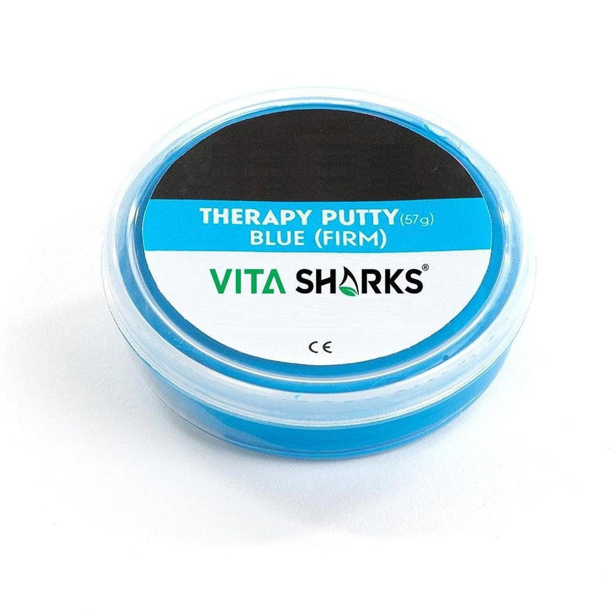 Blue firm therapy putty in a 57g round plastic container with a Vita Sharks label on a white background.