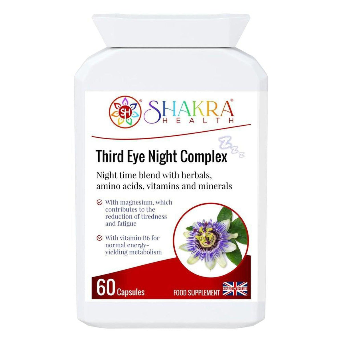 White plastic bottle of Third Eye Night Complex capsules with a label featuring a passion flower and red accent.