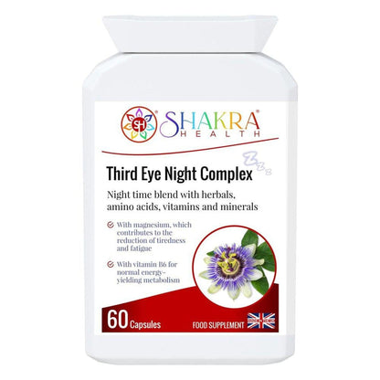White plastic bottle of Third Eye Night Complex capsules with a label featuring a passion flower and red accent.