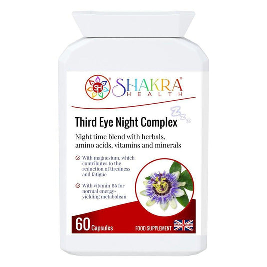 White plastic bottle of Third Eye Night Complex capsules with a label featuring a passion flower and red accent.