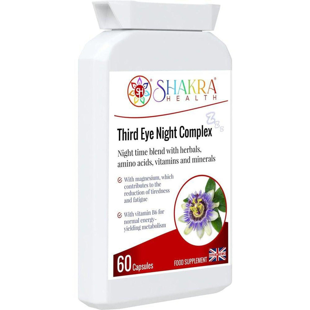 White plastic bottle of Third Eye Night Complex capsules with a label featuring a purple passion flower and chakra logo.