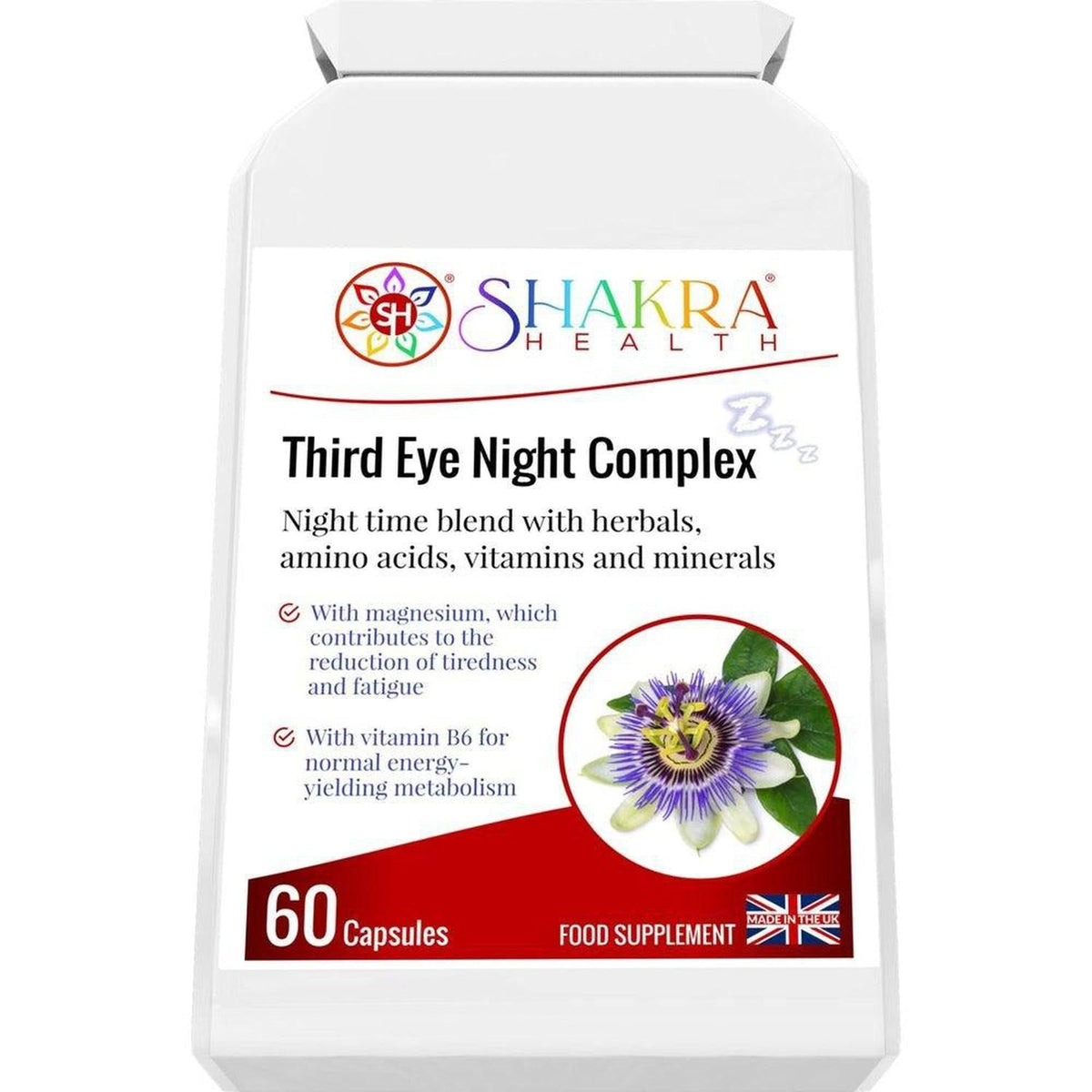 White bottle of Third Eye Night Complex capsules with a label featuring a purple passion flower and Shakra Health logo.