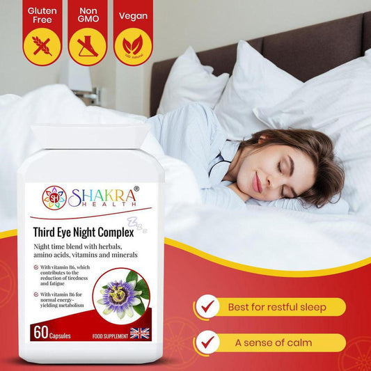 White bottle of Third Eye Night Complex capsules with a purple passionflower label, featuring vegan and non-GMO icons.