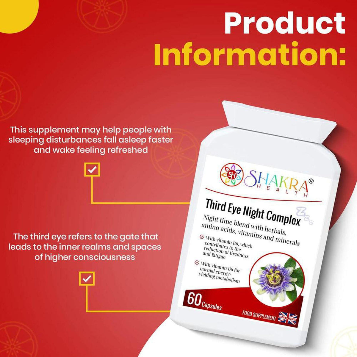 White bottle of Third Eye Night Complex 60 capsules with purple passionflower graphic on a red background with text.