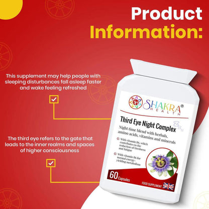White bottle of Third Eye Night Complex 60 capsules with purple passionflower graphic on a red background with text.