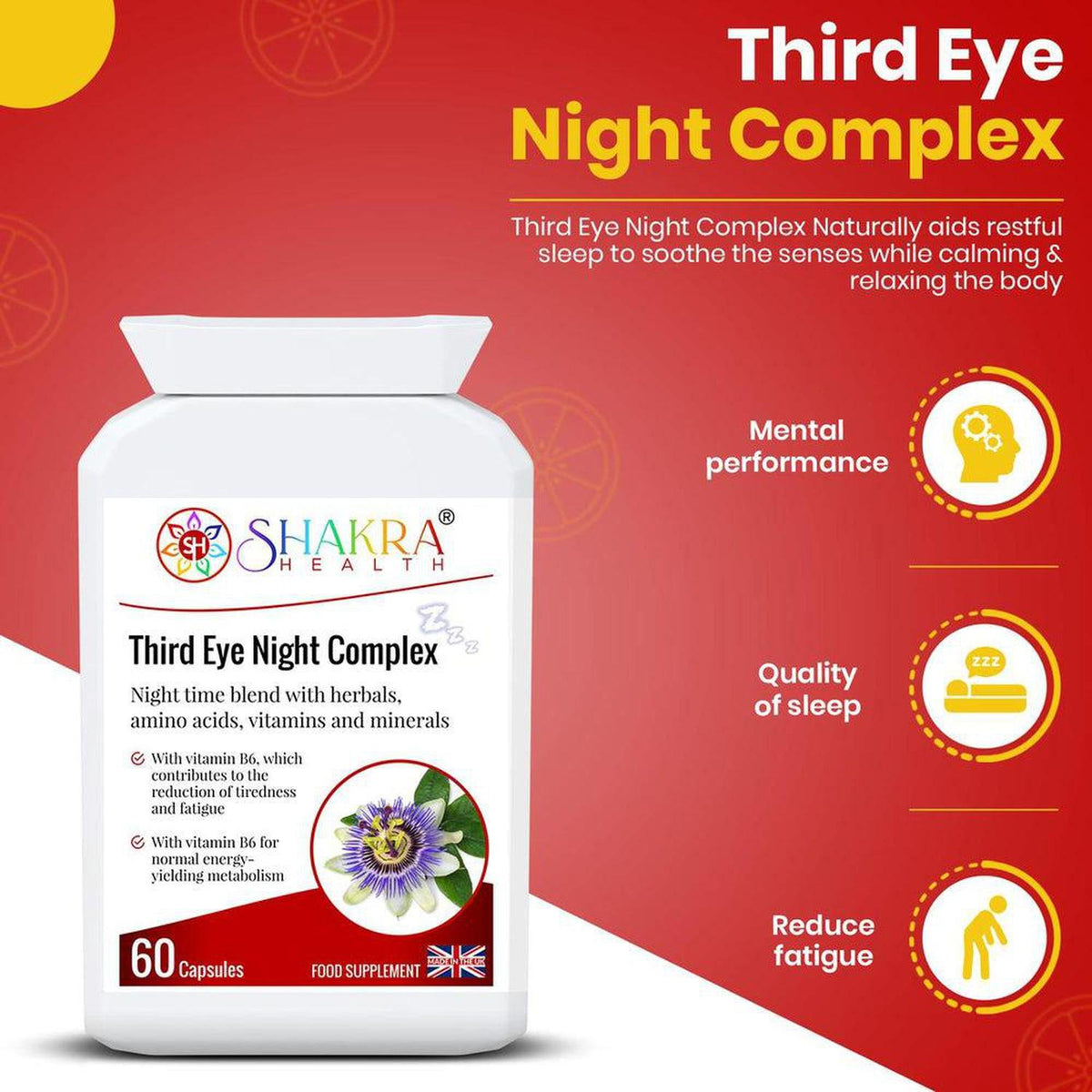 White bottle of Third Eye Night Complex capsules with a passion flower image on a red and yellow background.