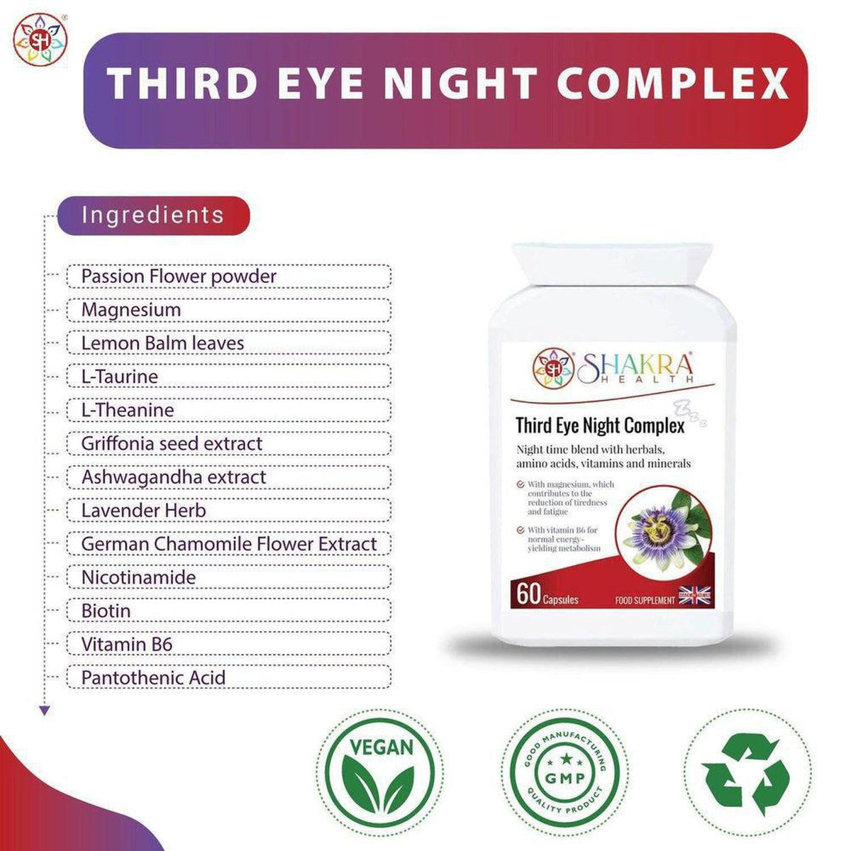 Third Eye Night Complex supplement bottle with ingredient list, vegan and GMP certification icons on a white background.