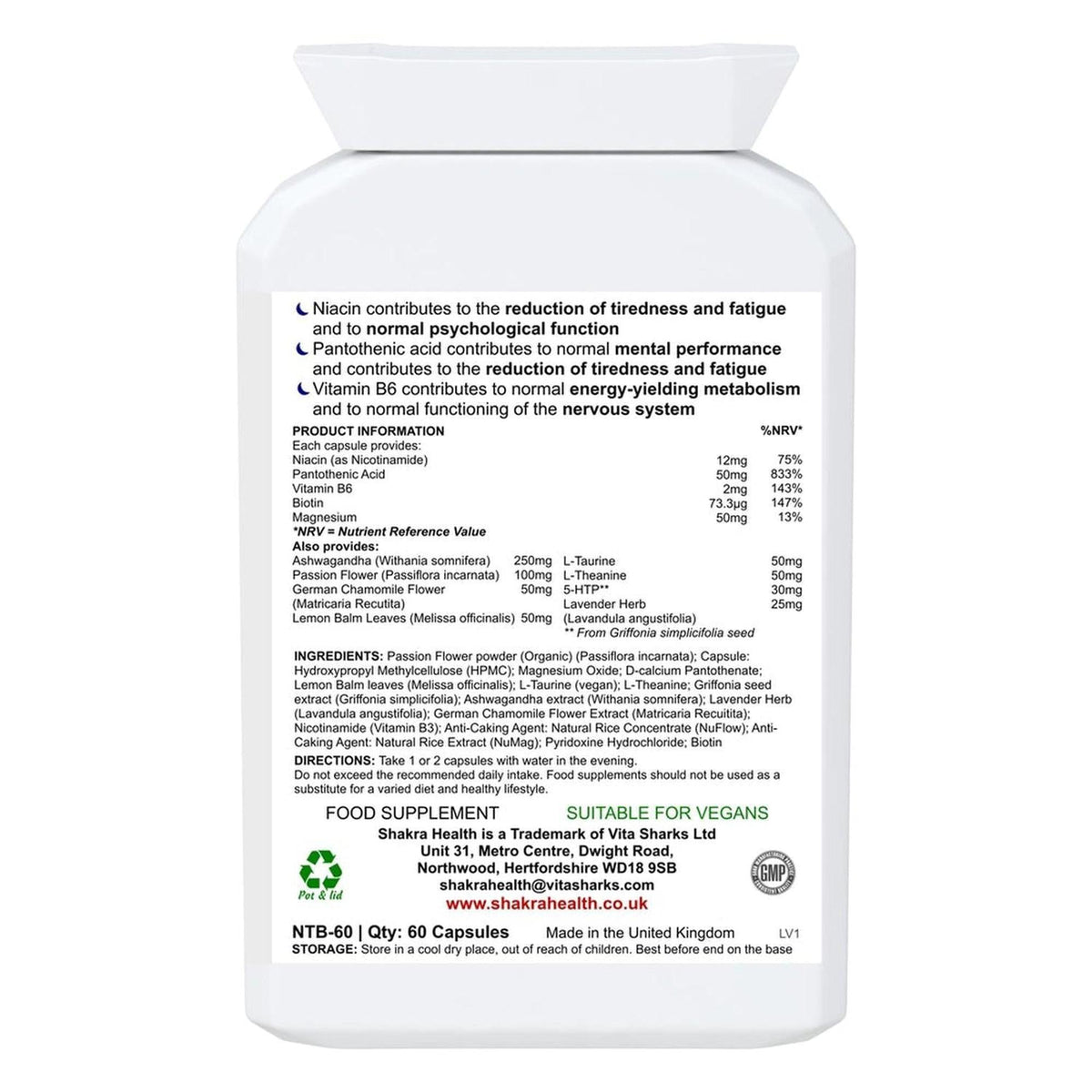 White plastic supplement bottle label with black text detailing ingredients, dosage, and nutritional information.