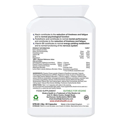 White plastic supplement bottle label with black text detailing ingredients, dosage, and nutritional information.